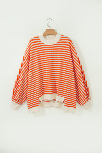 Orange Stripe Striped Textured Stand Neck Oversized Long Sleeve Top