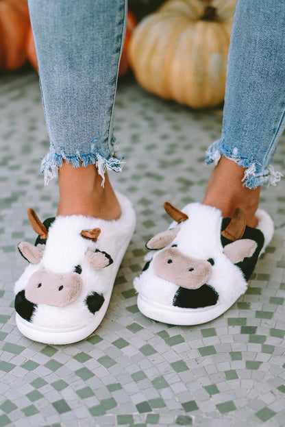 Chaussons blancs en peluche motif vache et animaux de dessin animé 