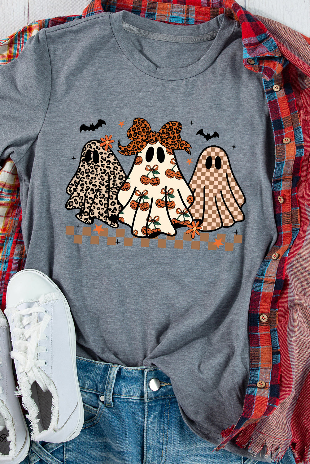 Gray Cute Halloween Ghost Printed Womens Casual Tee