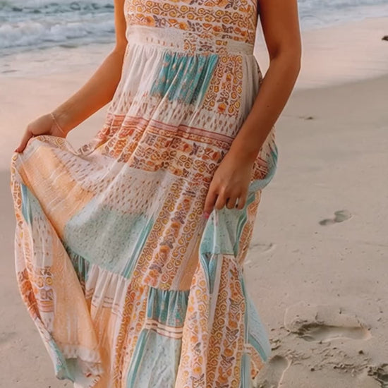 Multicolor Boho Patchwork Print Square Neck Sundress