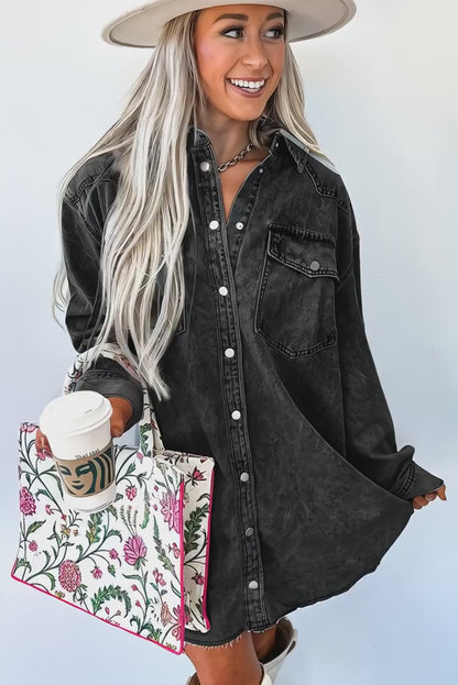 Medium Grey Beau Chest Pocket Raw Hem Denim Loose Shirt Dress