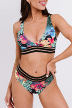 Tropical Floral Print Striped Mesh Trim Bikini Set