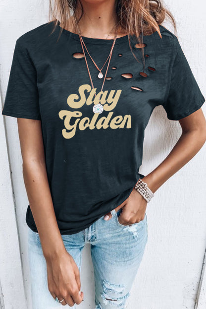 Distressed Crew Neck Leaves Pattern T-shirt