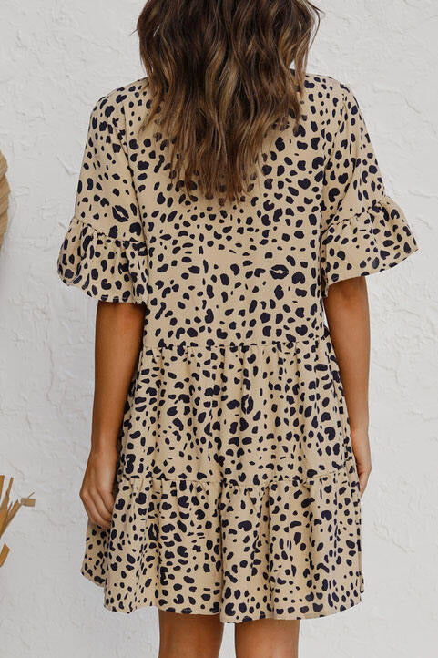 V Neck Ruffled Mini Dress with Buttons