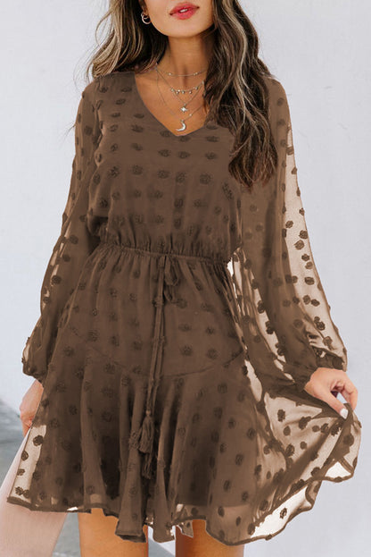 Mini-robe à manches longues et à pois suisses avec lien à la taille 