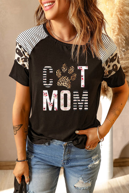 Camiseta de mujer de manga corta con estampado de leopardo a rayas