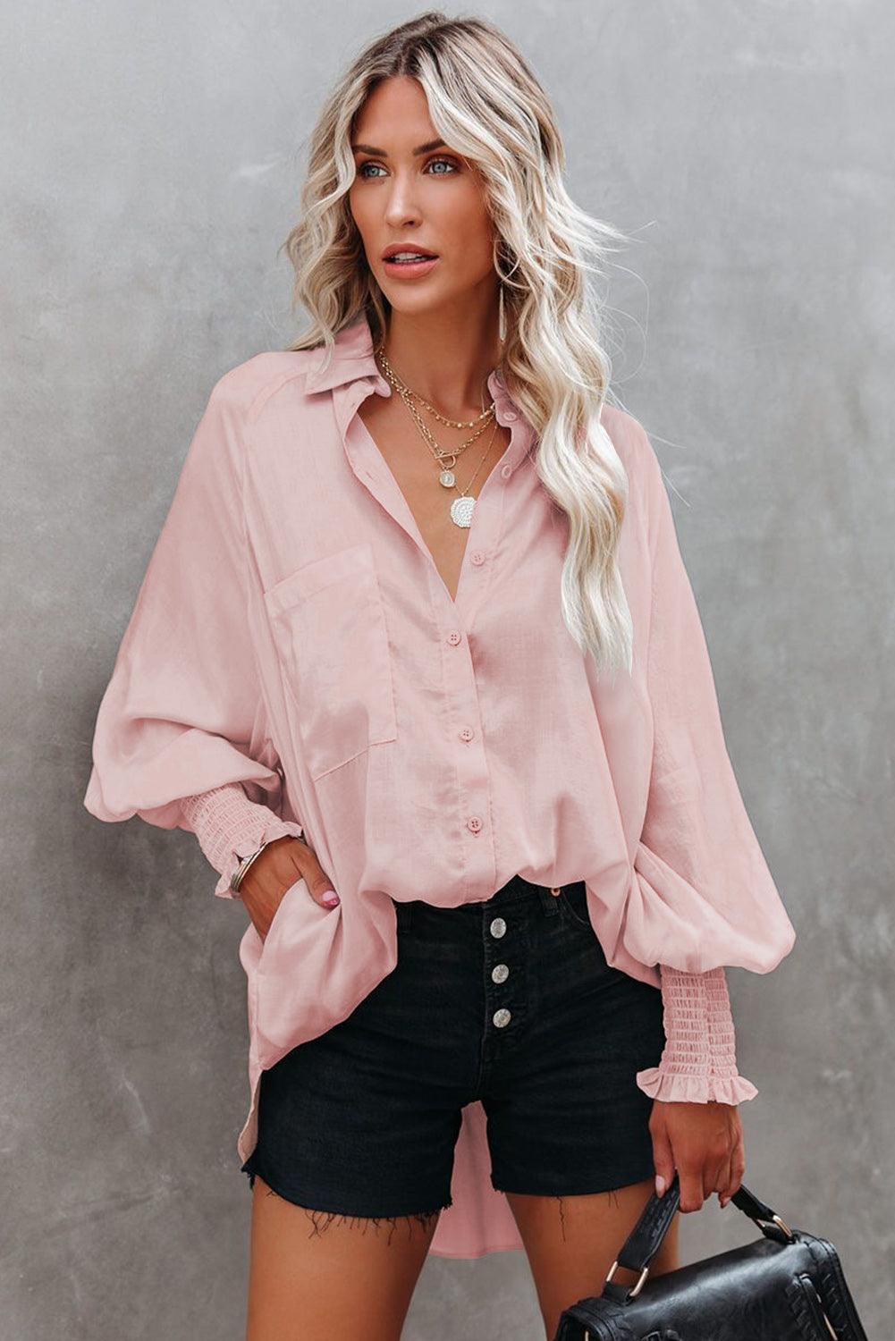 Billowy Sleeves Pocketed Shirt - HannaBanna Clothing