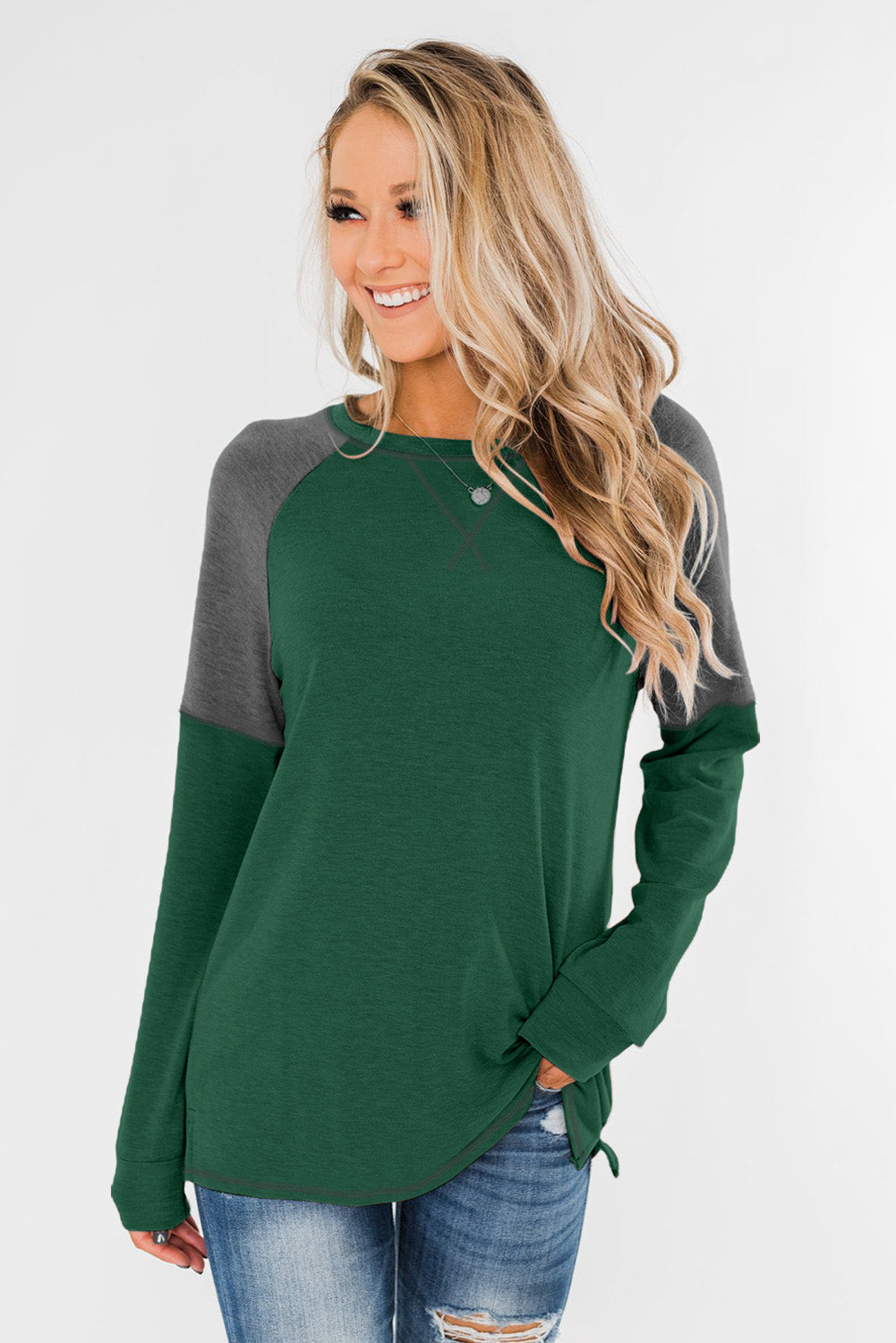 Top de manga raglán con bloque de color caqui