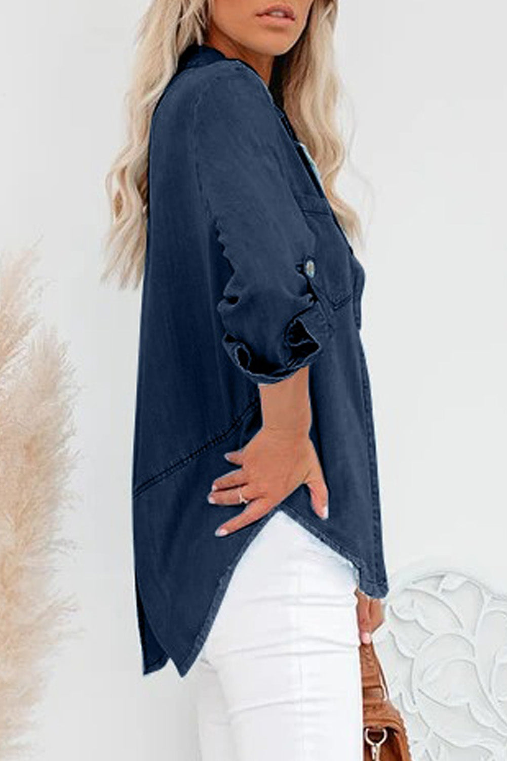 Chemise en jean à manches longues et ourlet effiloché 