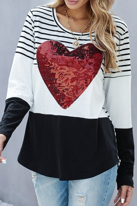 Heart Sequins Striped Long Sleeve Top