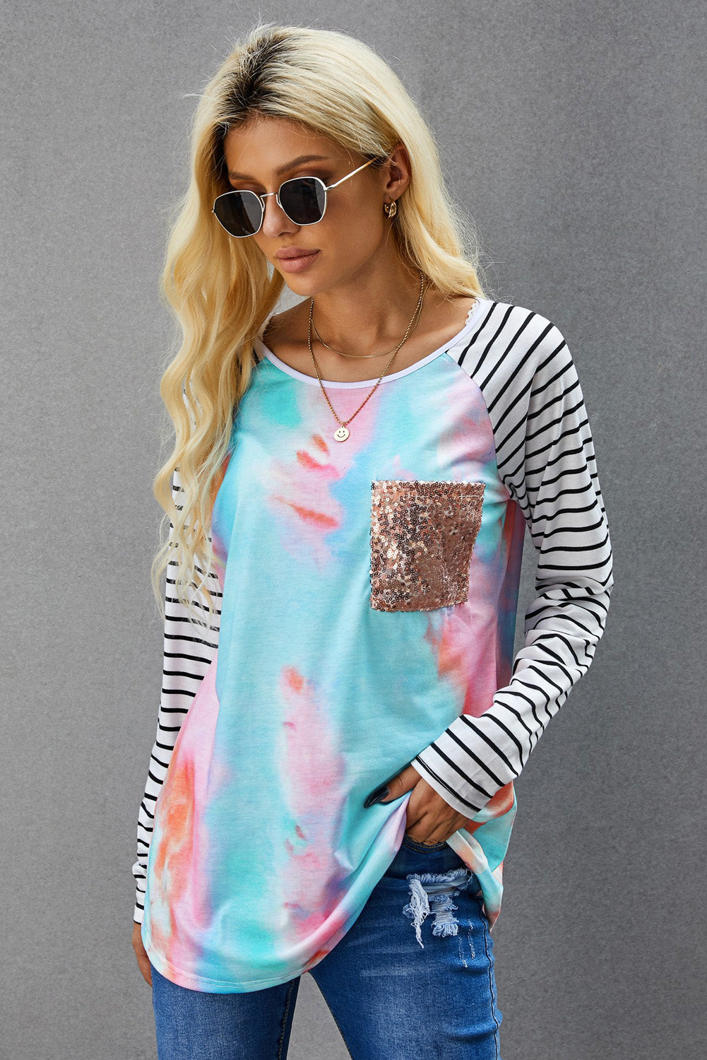 Top de manga a rayas con panel de leopardo negro con bolsillo de lentejuelas