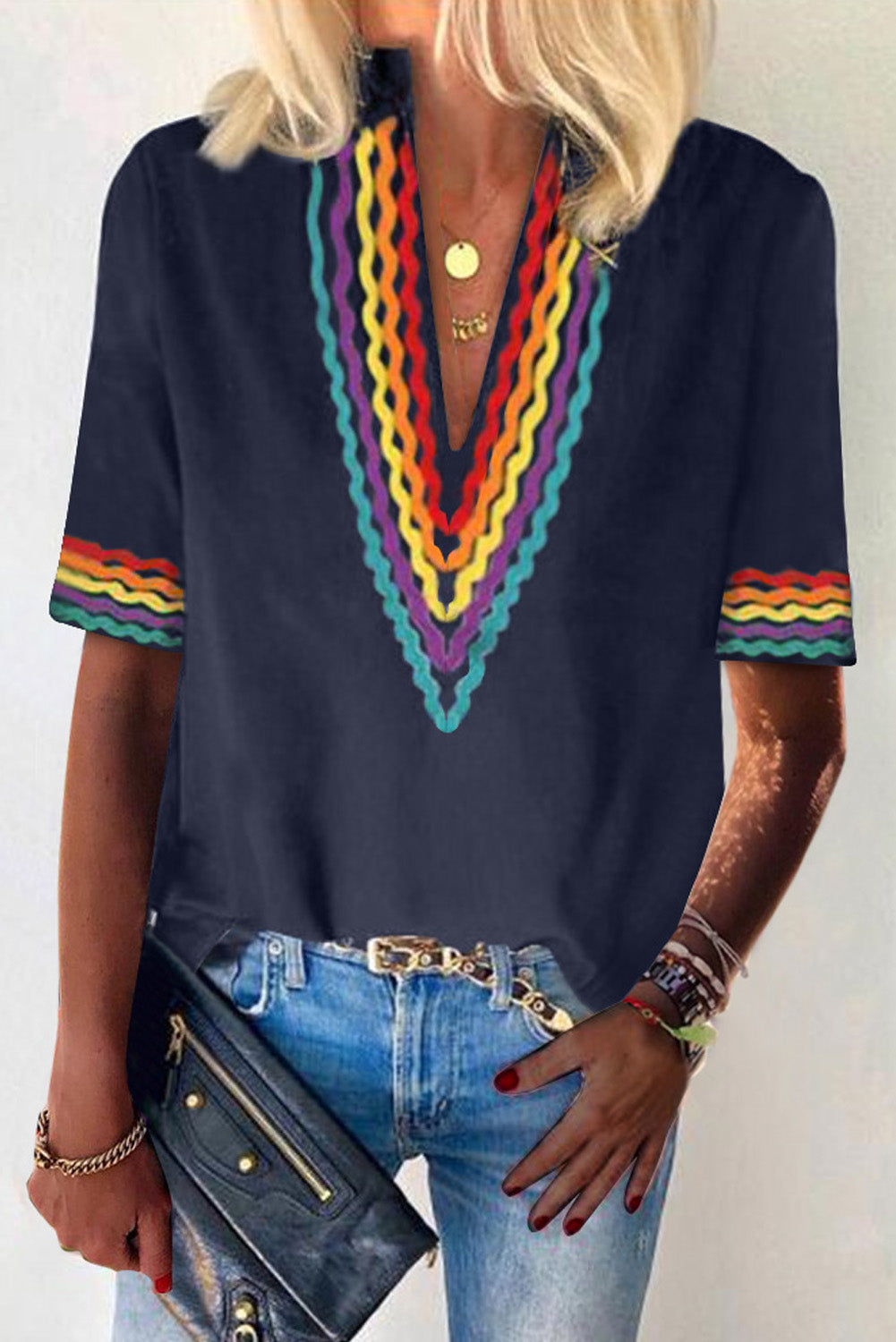 Haut à manches courtes à blocs de couleurs ethniques