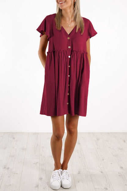 V Neck Buttoned Empire Waist Babydoll Mini Dress