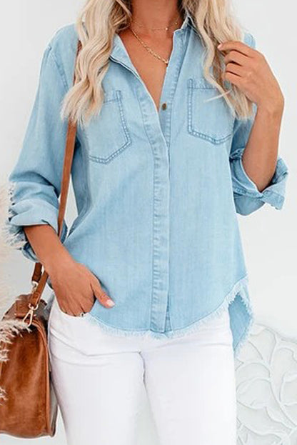Chemise en jean à manches longues et ourlet effiloché 