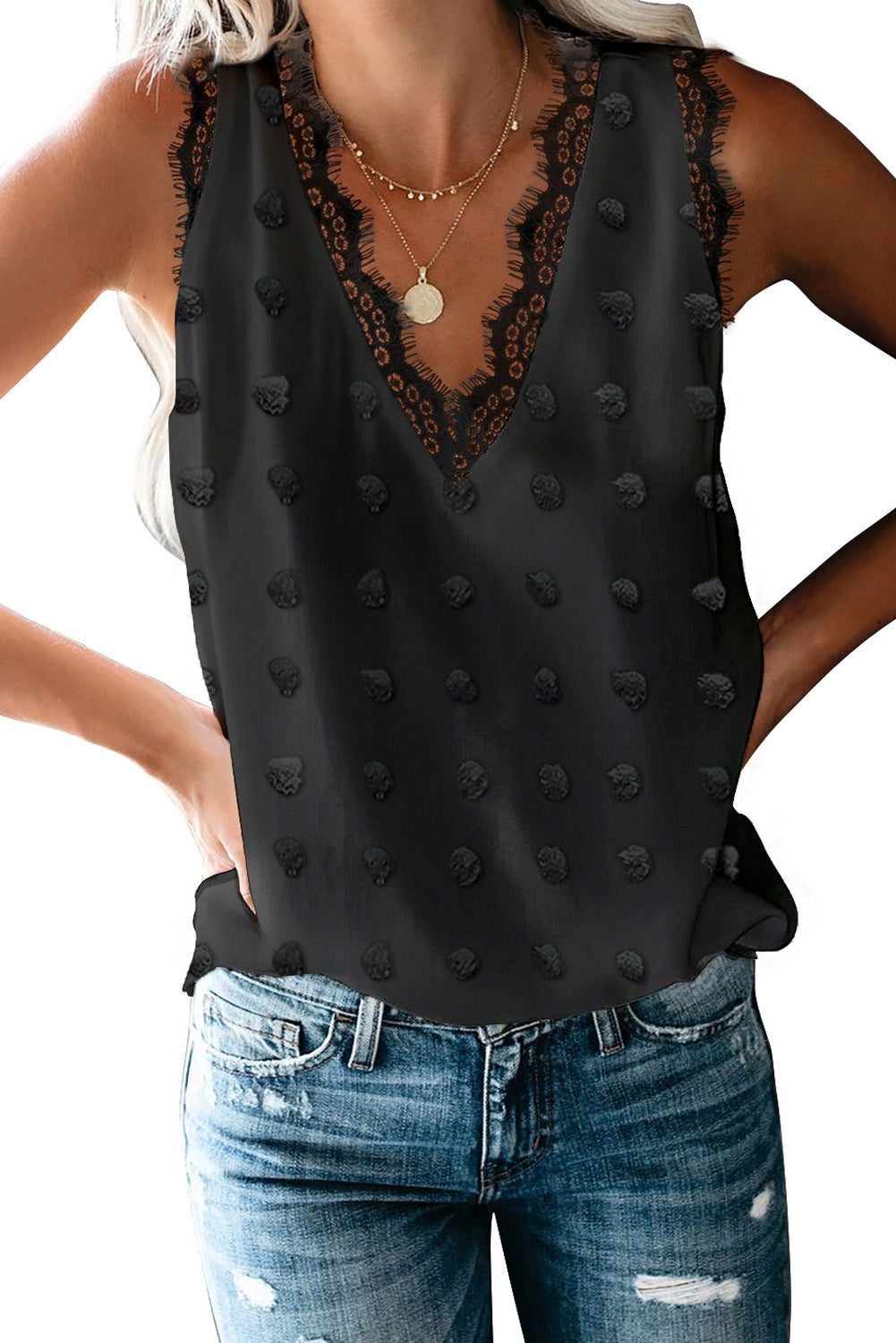 Débardeur à col en V et coutures en dentelle à pois suisses