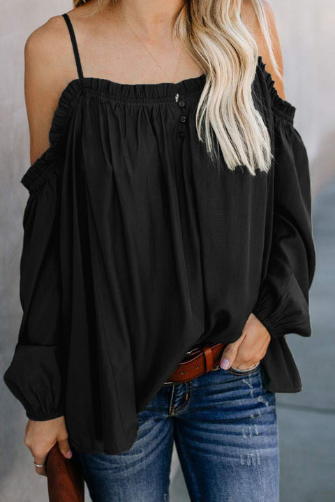 Casual Off-Shoulder Ruffled Long Sleeve Pure Colour Top