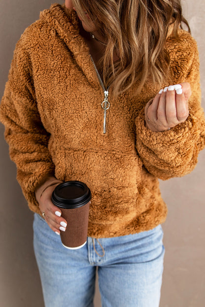 Sweat-shirt à capuche zippé 1/4 en sherpa avec kangourou