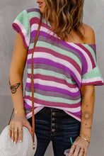 Multi-color Striped Ruffle Short Sleeve Knit Top