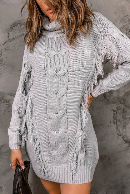 Twist Fringe Casual High Neck Sweater Dress