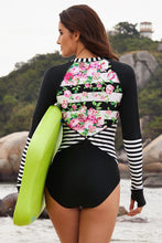Floral Striped Patchwork Rashguard One-piece Swimsuit