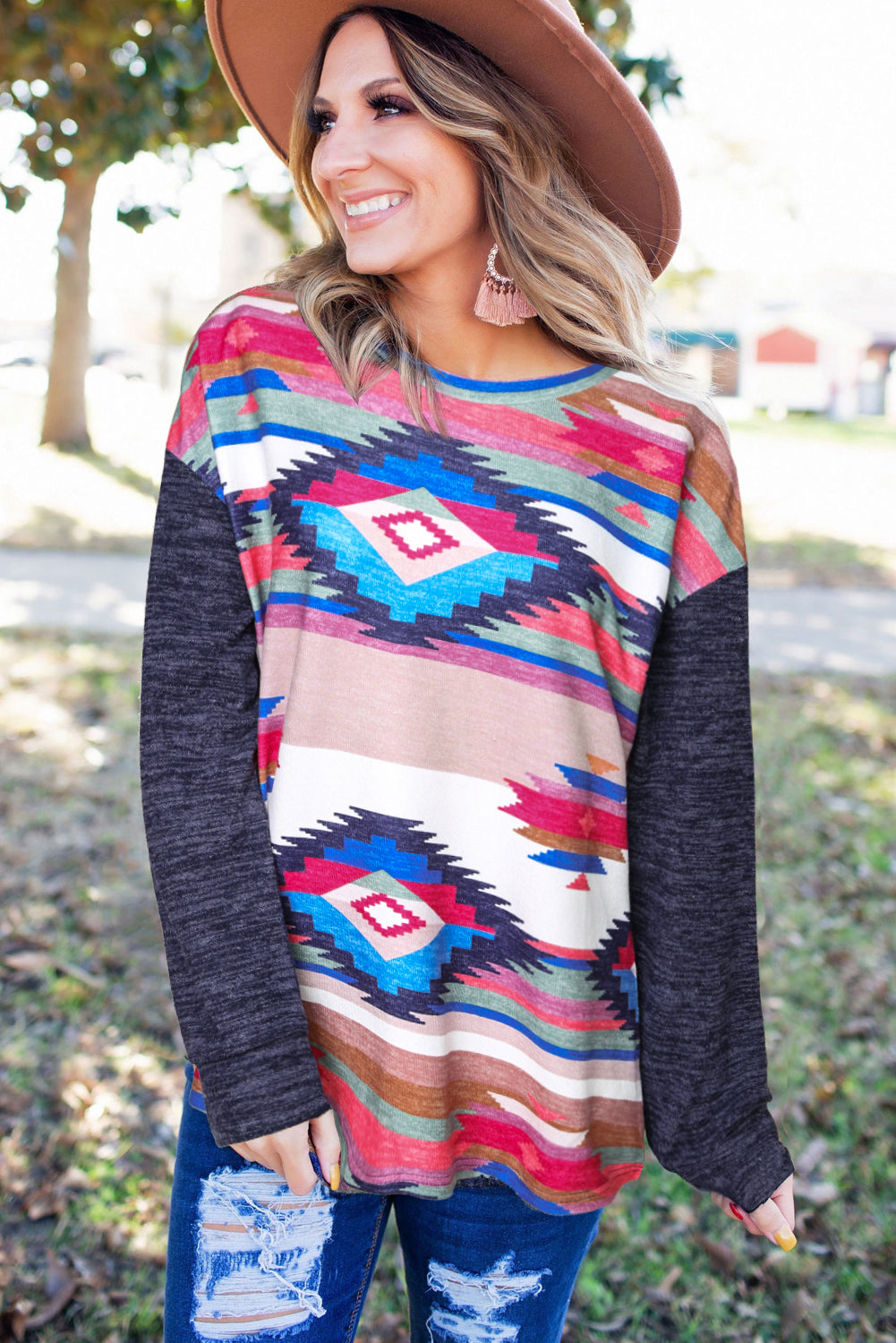Multicolor Aztec Print Color Block Long Sleeve Top