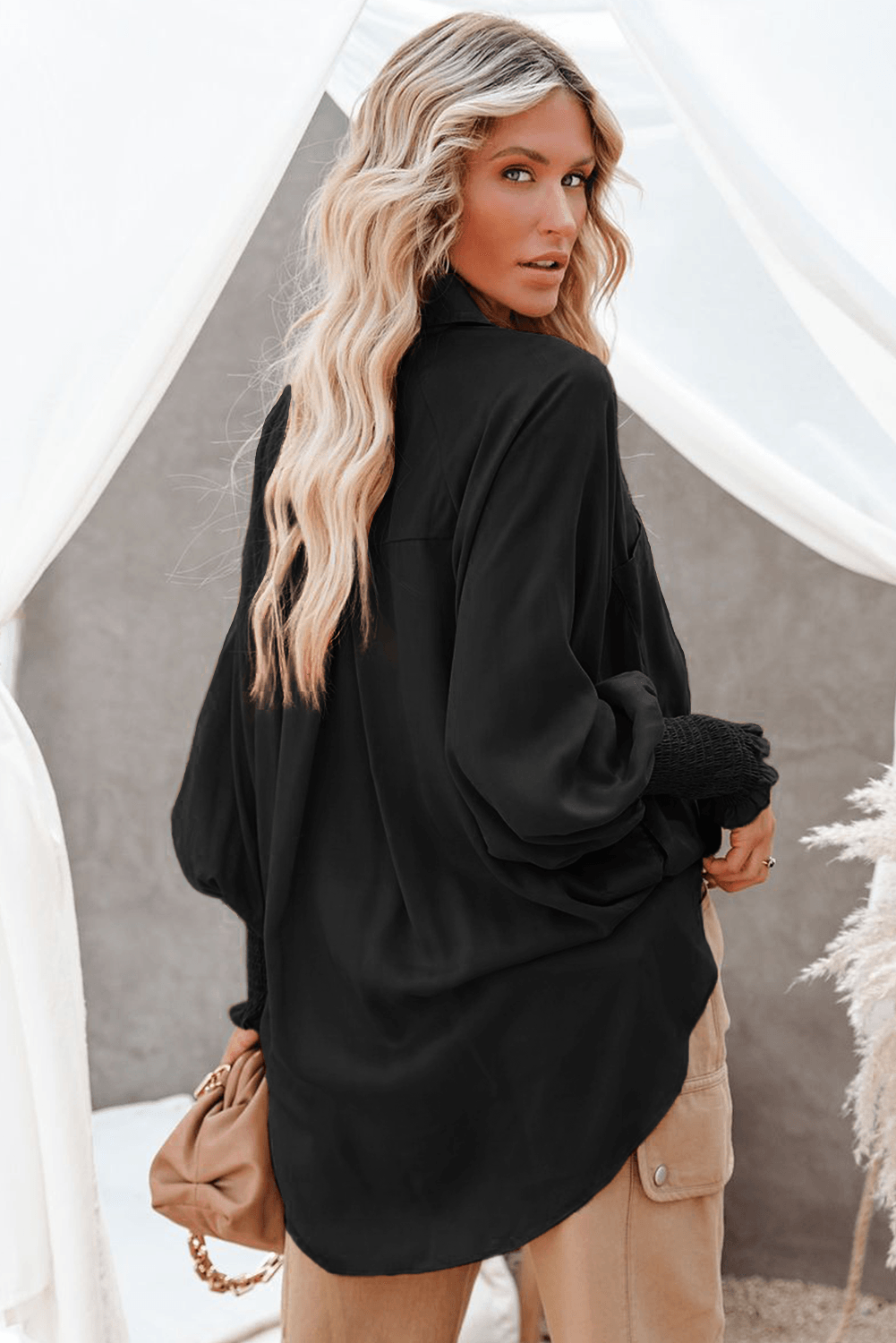 Billowy Sleeves Pocketed Shirt - HannaBanna Clothing