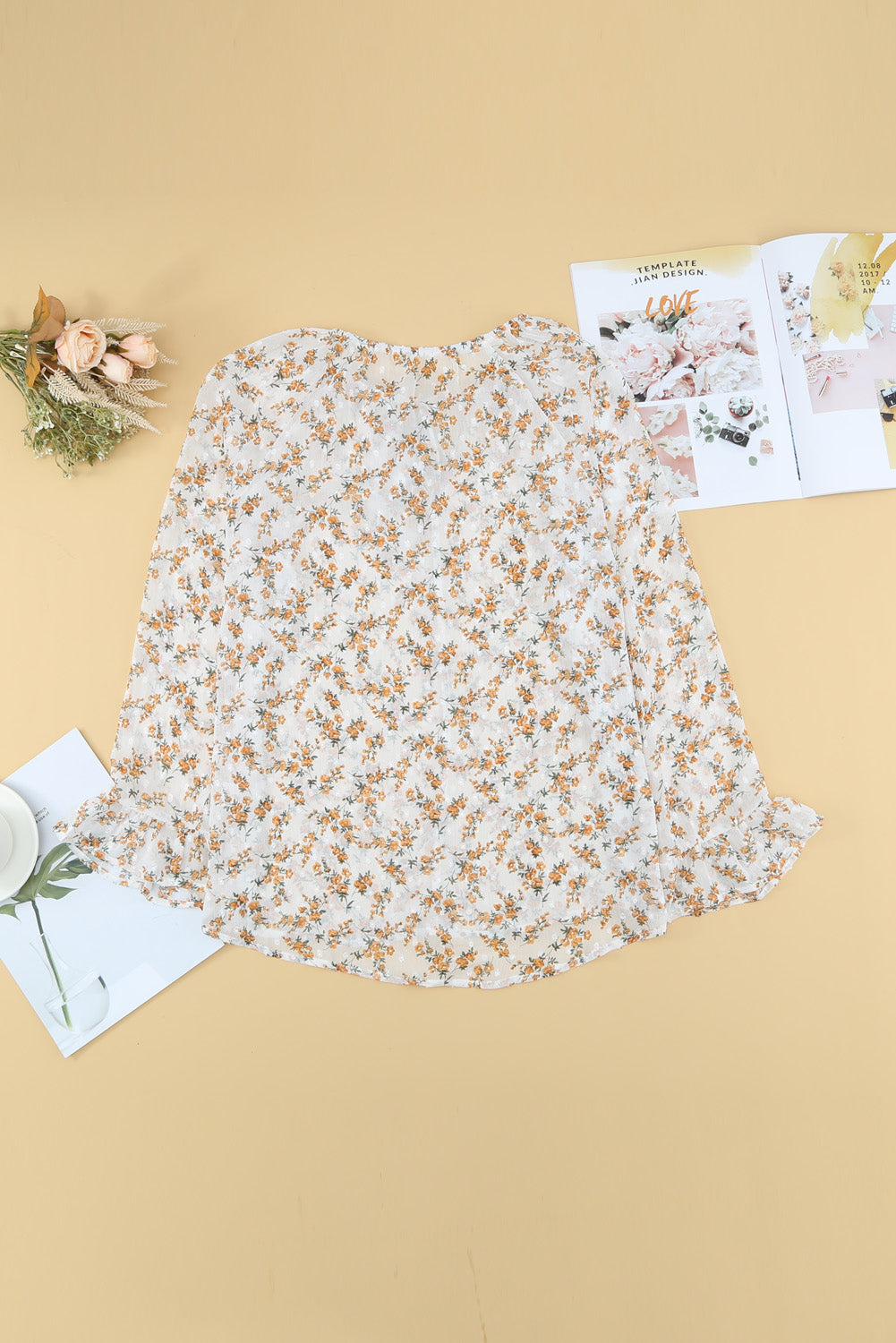 Floral Print Drawstring Long Bell Sleeve Blouse