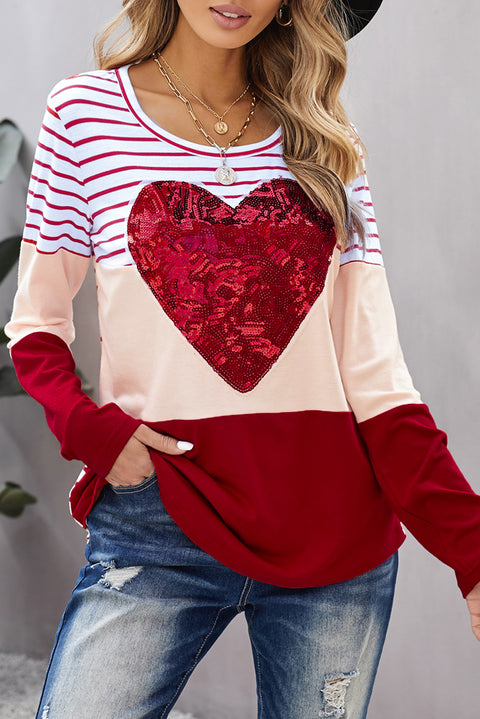 Heart Sequins Striped Long Sleeve Top