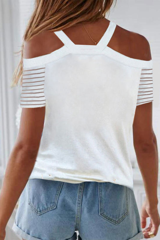 Blusa con cuello en V y hombros descubiertos con manga raglán a rayas