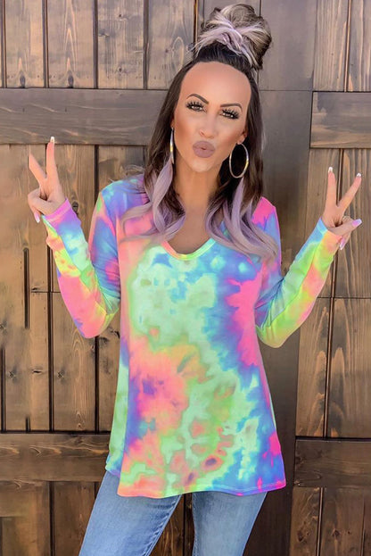 Top de manga larga con cuello en V tie-dye