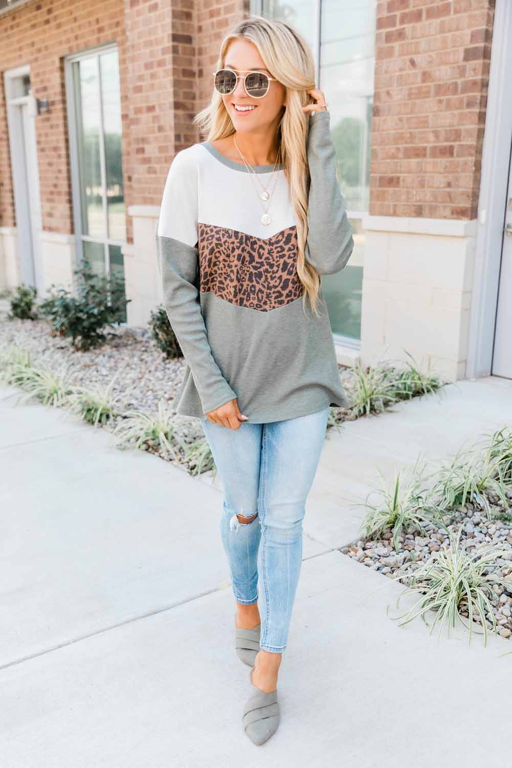 Leopard Print Stitching Color Block Long Sleeve Top