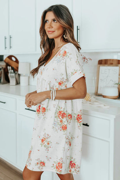 V-Neck Flutter Sleeve Babydoll Floral Dress