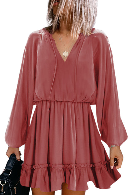 Khaki Bubble Sleeve Split Neck Ruffle Tunic Dress