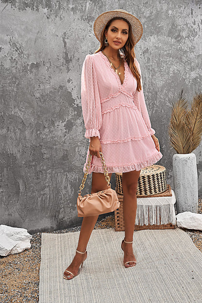 Layered Ruffled Open Back Puff Sleeve Swiss Dot Mini Dress