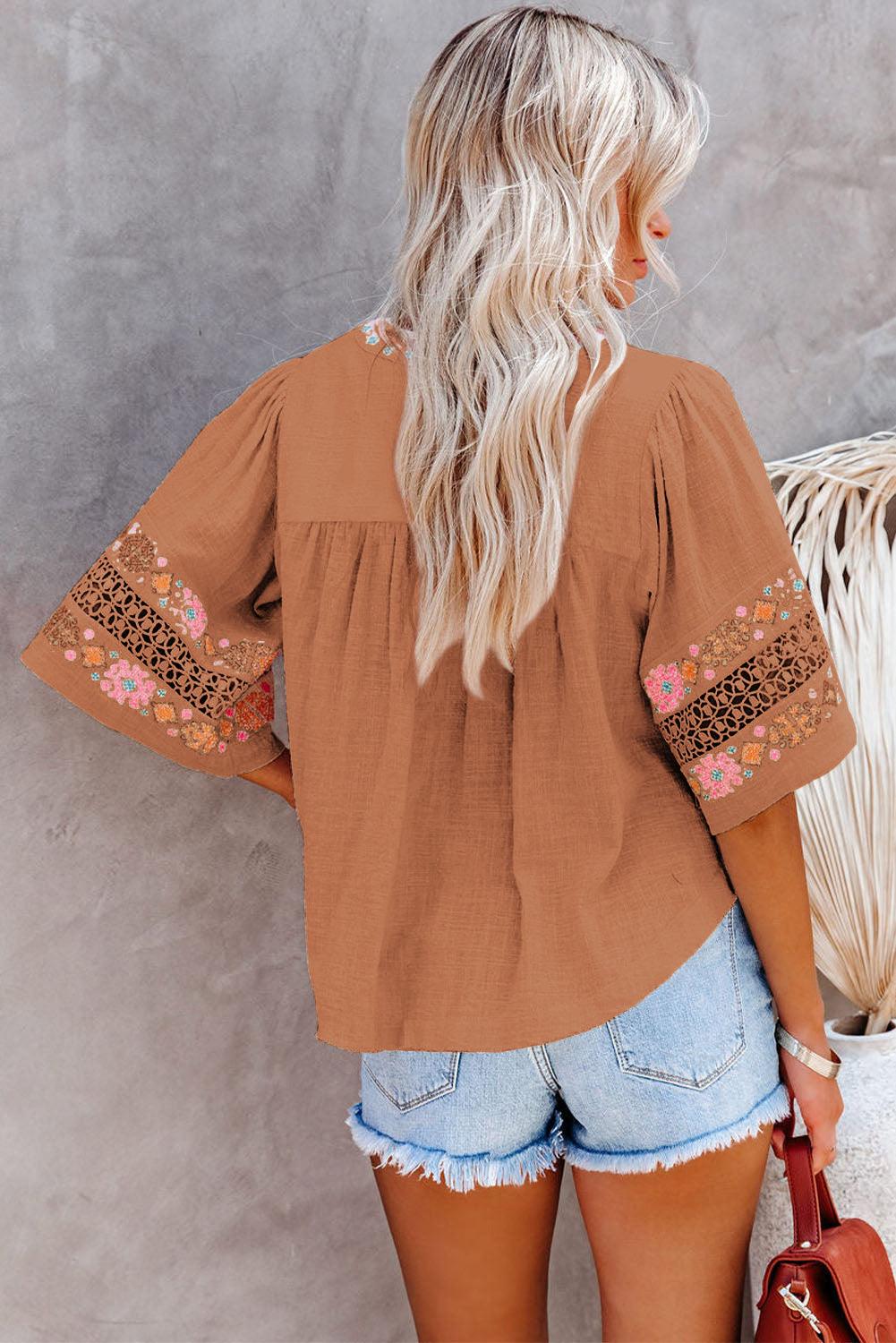 Beige Tassel Drawstring Embroidered Half Sleeve V Neck Top - HannaBanna Clothing