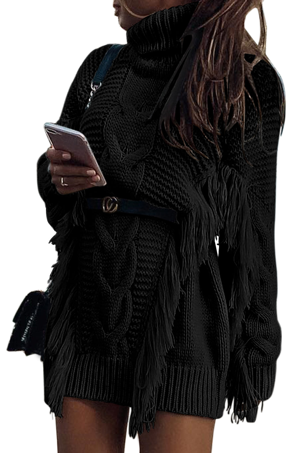 Twist Fringe Casual High Neck Sweater Dress