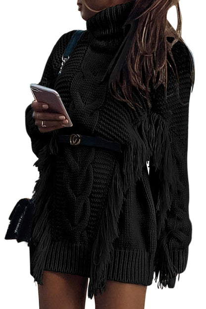 Twist Fringe Casual High Neck Sweater Dress