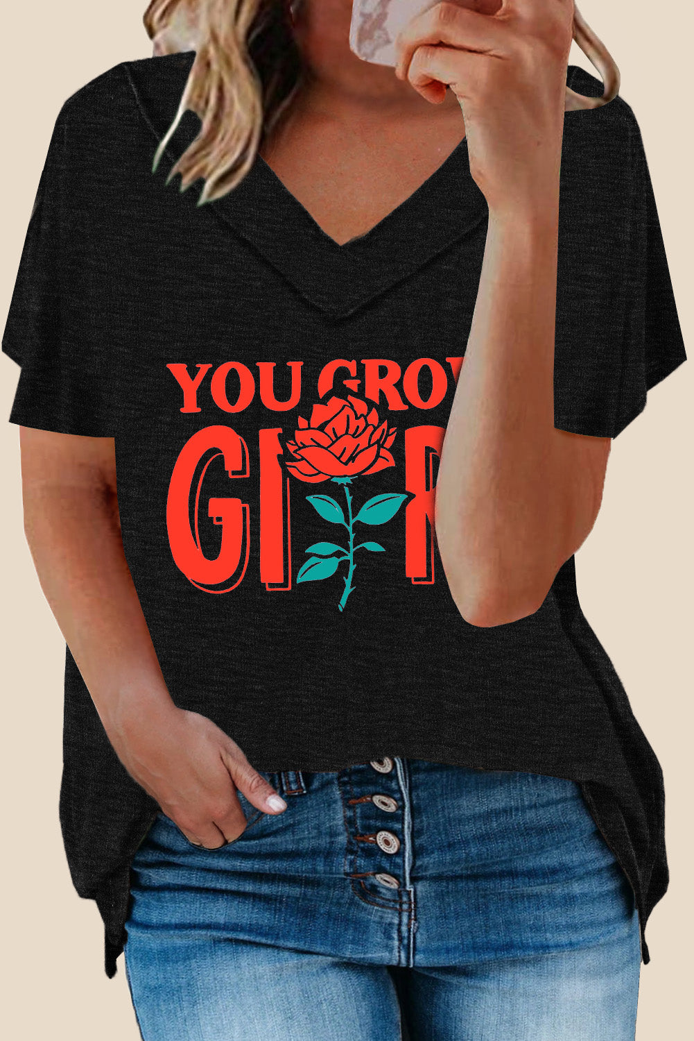 Haut oversize à manches courtes et col en V en mélange de coton délavé minéral 