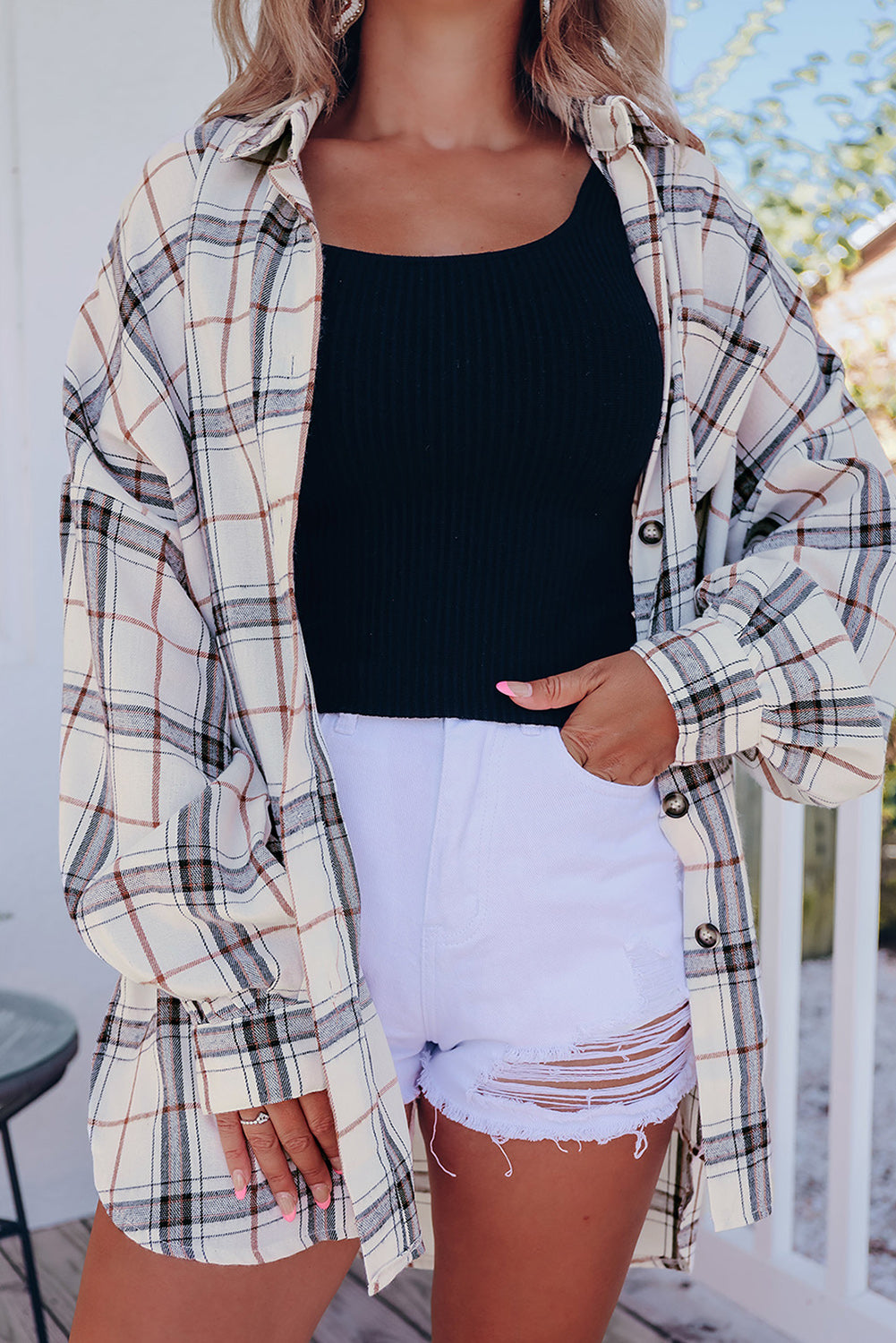 Oversized Plaid Pattern Shacket with Slits