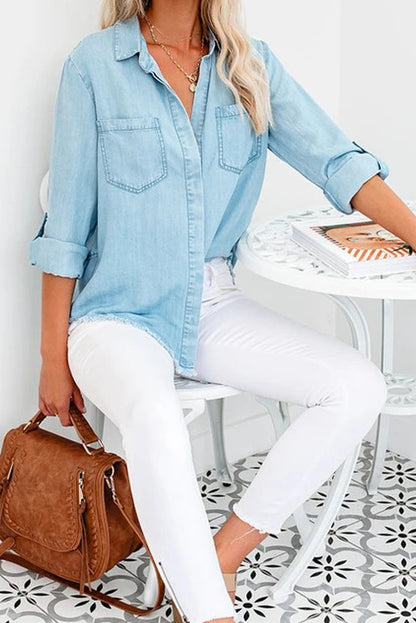 Chemise en jean à manches longues et ourlet effiloché 