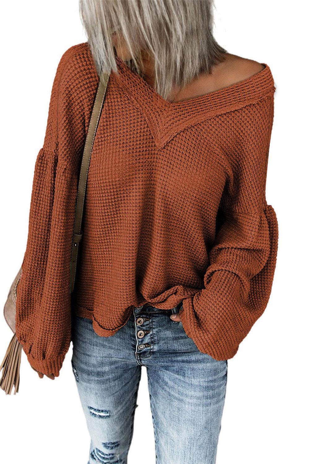 Billowed Sleeve Thermal Knit Top - HannaBanna Clothing