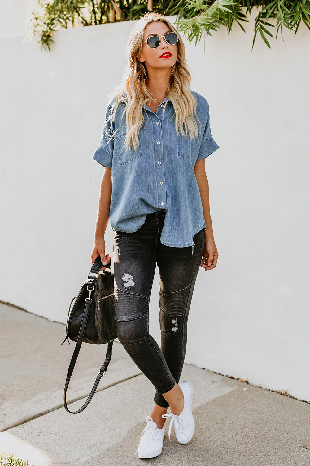 Chemise en jean à manches courtes et col rabattu 