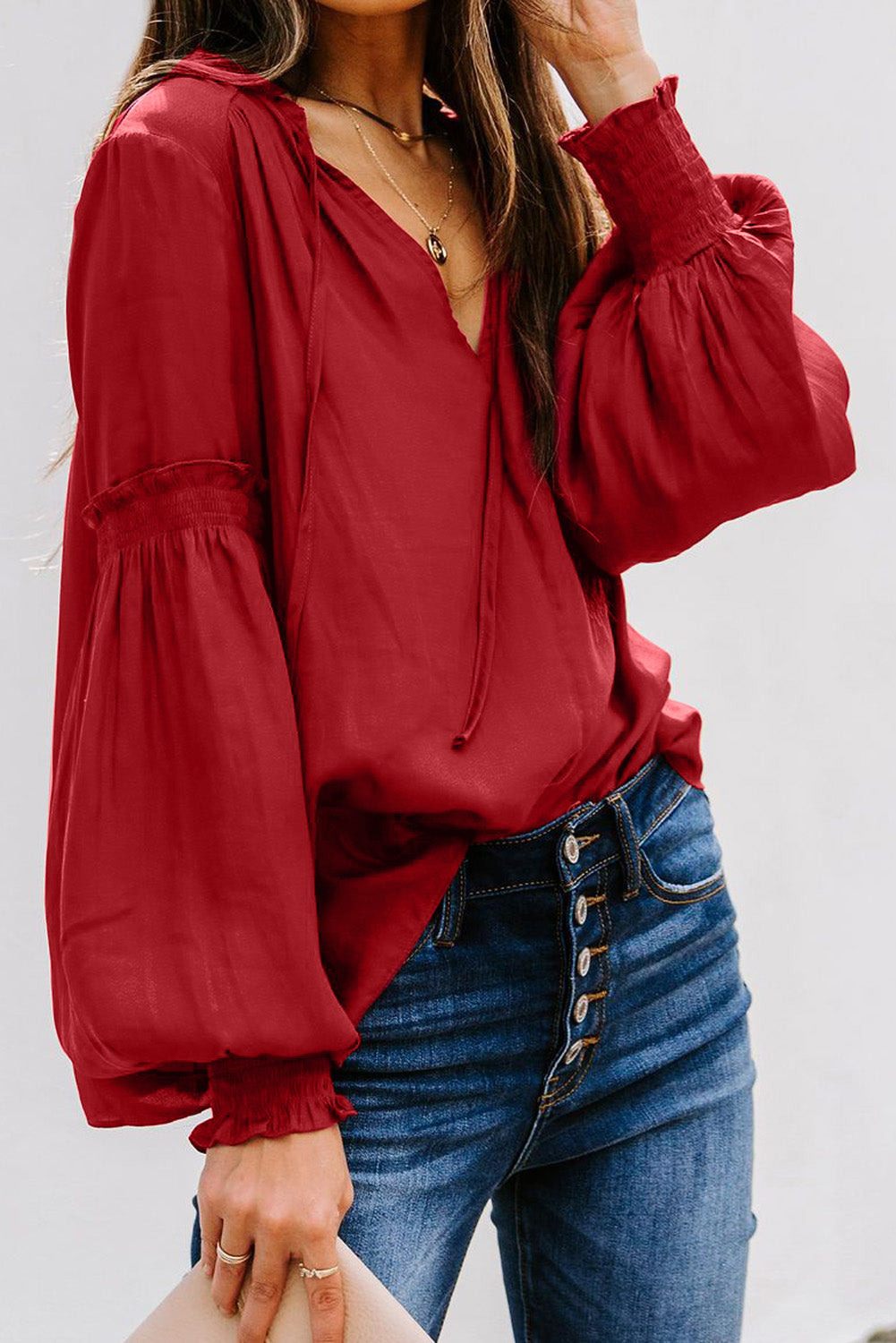 Satin V-neck Lantern Sleeve Drawstring Blouse