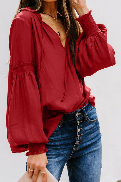 Satin V-neck Lantern Sleeve Drawstring Blouse