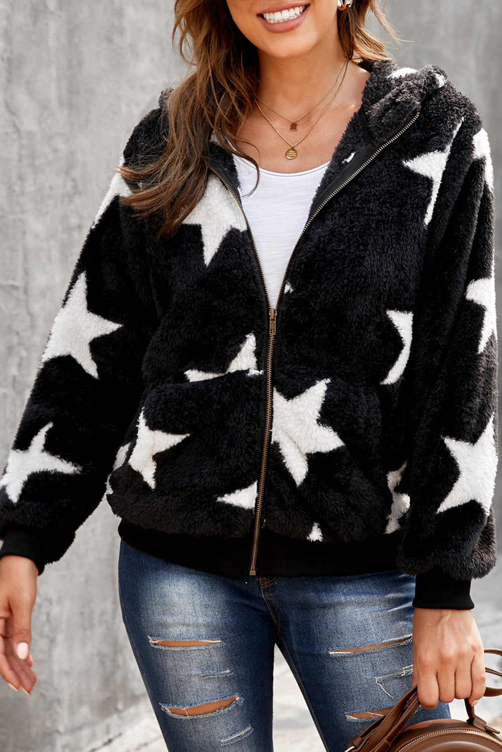 Manteau polaire à capuche et poches zippées à imprimé camouflage 