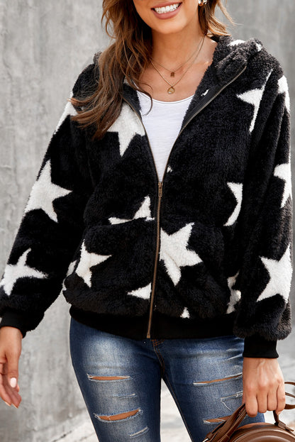 Manteau polaire à capuche et poches zippées à imprimé camouflage 