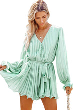 Pleated Ruffled Tie Waist Buttons V Neck Romper