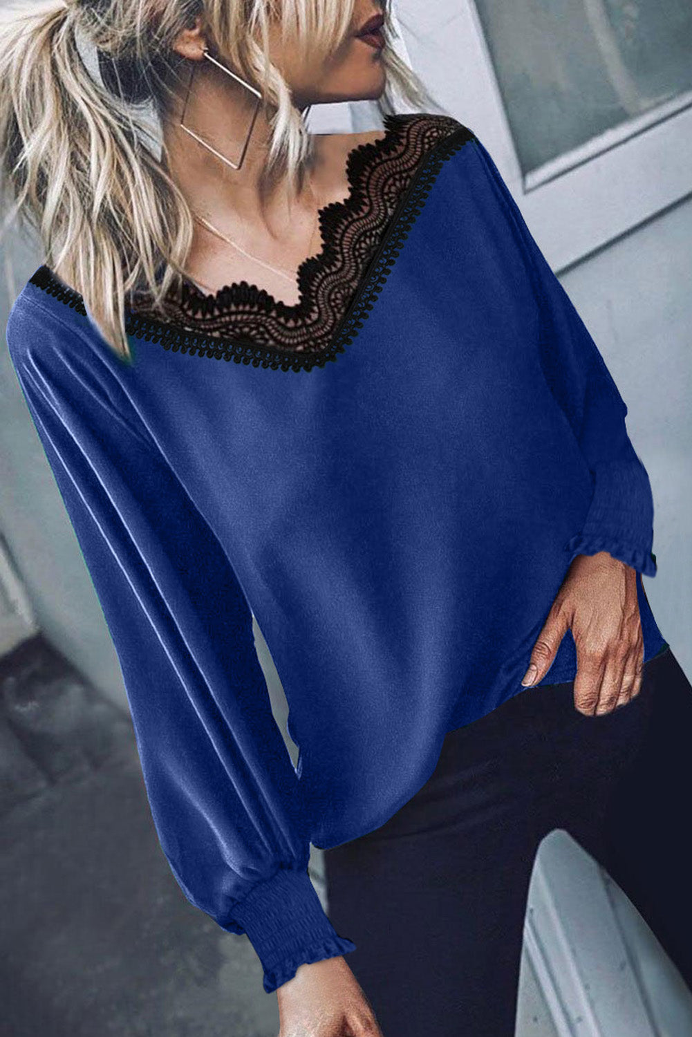 V Neck Lace Patchwork Red Blouse