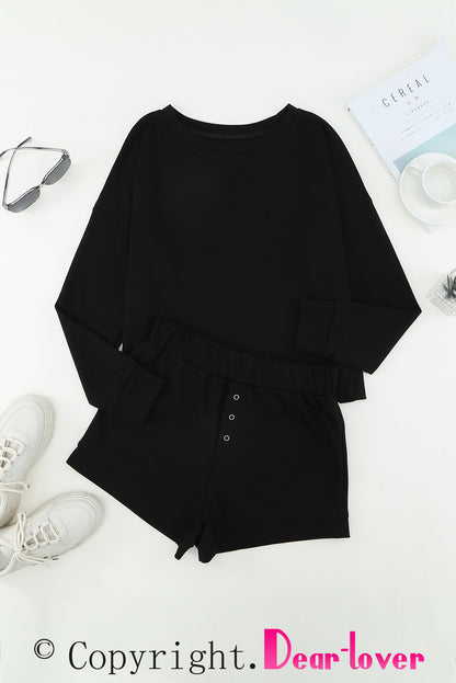 Ensemble deux pièces haut à manches tombantes et short en tricot côtelé gris