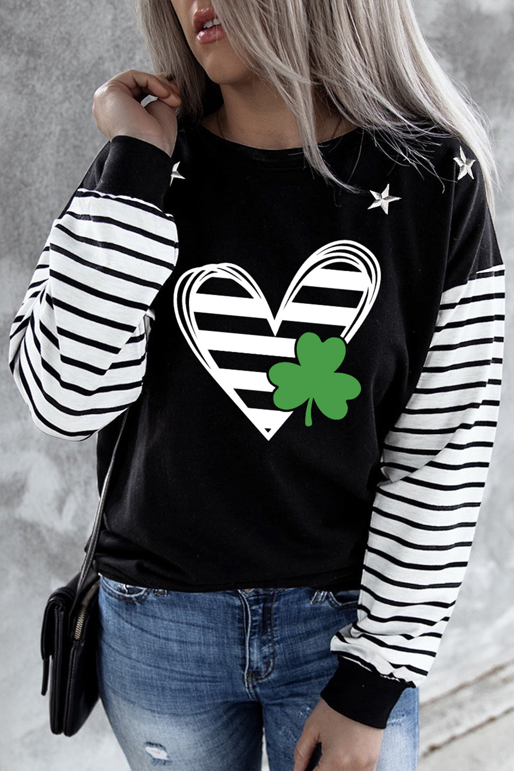 Striped Star Print Patchwork Long Sleeve Top